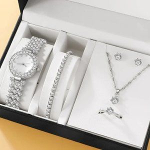 6PCS Set Luxury Watch Women Ring Necklace Earring Rhinestone Fashion Wristwatch